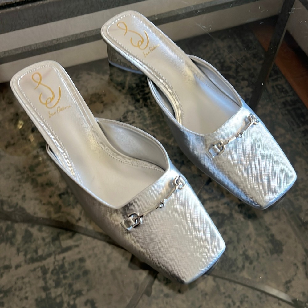 Sam Edelman Ollie Silver Metallic Square Toe Mule Heels Women's Size 9 M